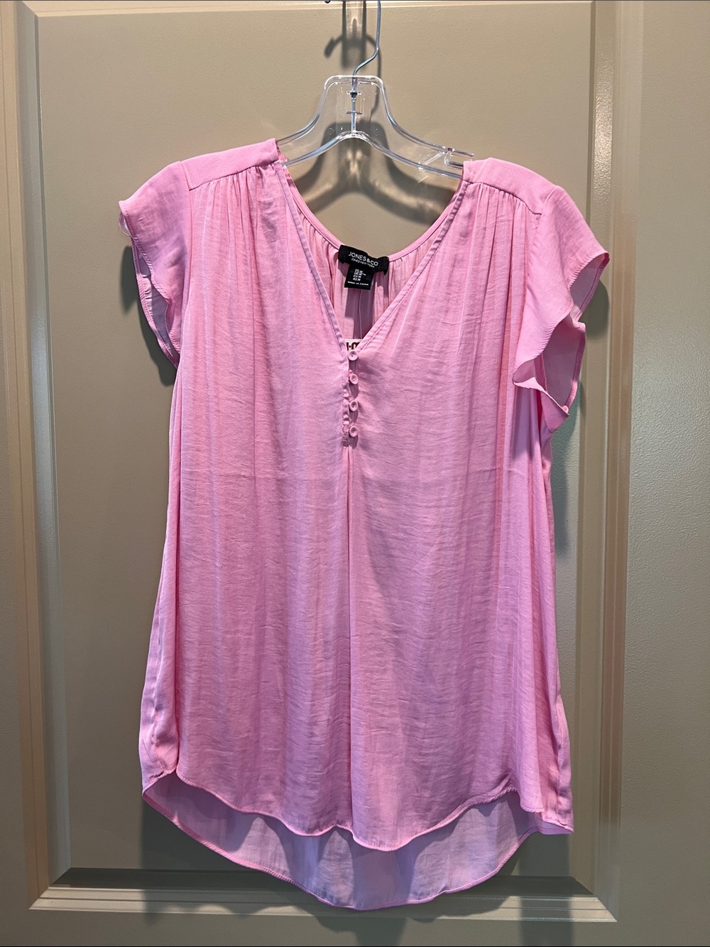 Jones New York Pink Short Sleeve V-Neck Button Front Top